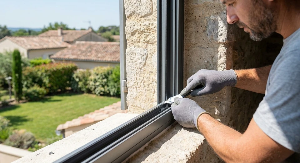Gros plan détaillé sur la pose artisanale d'une fenêtre de qualité (aluminium, PVC ou bois) dans un mur de maison résidentielle. L'image doit montrer le travail précis du menuisier en train de finir l'installation, avec attention visible aux détails : joints parfaitement alignés, finitions impeccables, encadrements bien ajustés. L'arrière-plan flou montre l'environnement résidentiel. La photo capture l'excellence artisanale et la rigueur du travail.