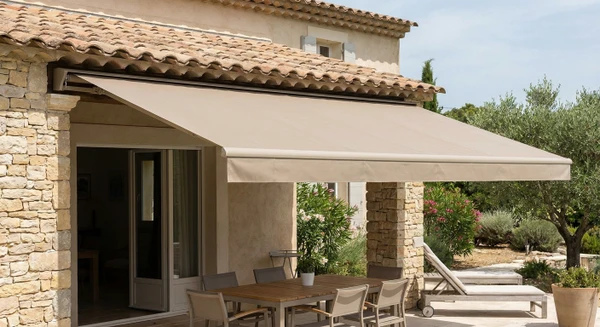 Photo réaliste en lumière naturelle montrant une terrasse ou façade de maison résidentielle avec un store banne déployé de couleur neutre (beige ou gris), offrant une ombre confortable à un espace extérieur aménagé. Le store doit être visiblement de qualité professionnelle, bien tendu et installé proprement sur la structure de la maison. La scène doit être claire, nette et professionnel, sans texte ou logo visible.